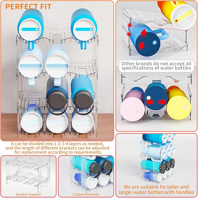 Yieach Stackable Water Bottle Organizer for Cabinet Yeti or Stanley Storage Organizers - Larger Compartment for 40 oz Stanley Cup Holder and Other Tumbler Organizers,Waterbottle Rack for Pantry,3 Tier