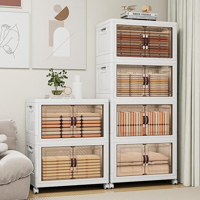 Storage Bins with Lids and Wheels, Collapsible Bathroom Storage Cabinet with Clear Doors, Plastic Stackable Closet Organizers and Storage Containers White 314 QT
