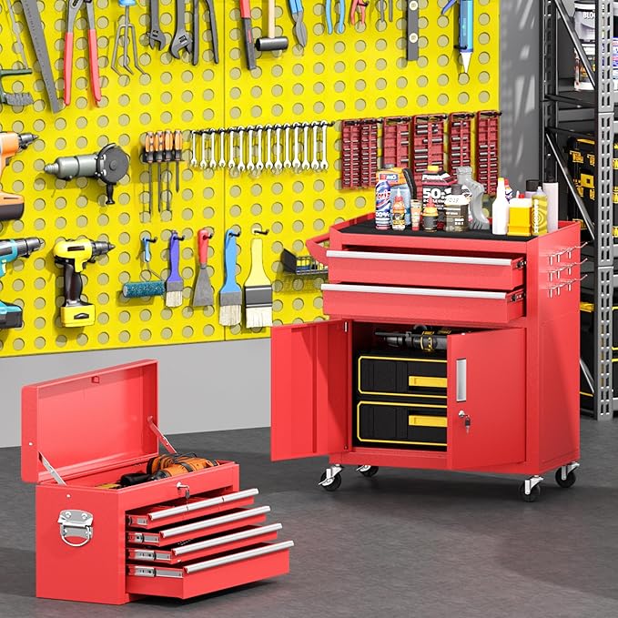 Greenvelly Tool Chest, 8-Drawer Rolling Tool Chest with Hooks and Lockable Wheels,Metal Storage Detachable Top Tool Box with Lockable Wheels for Garage,Workshop,Art Studio(Red)