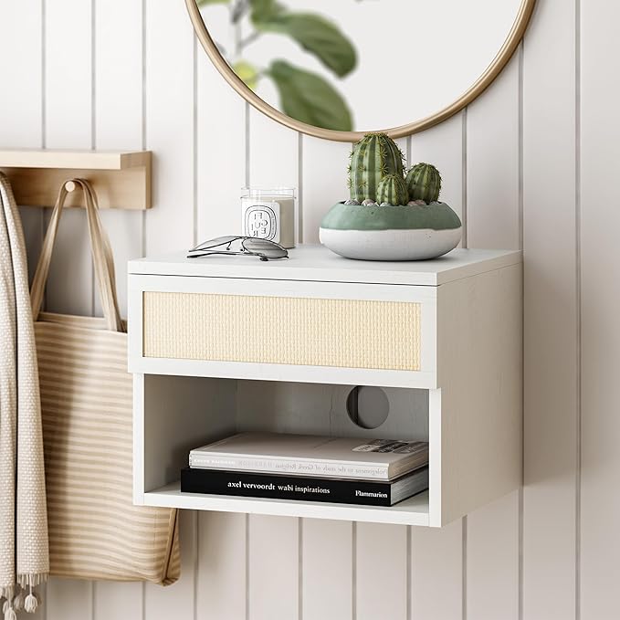 Rattan Floating Nightstands Set of 2, Wall Mounted End Table with Drawer and Open Compartment Modern Wood Bedside Night Stand Storage Cabinet for Bedroom Living Room, Antique White