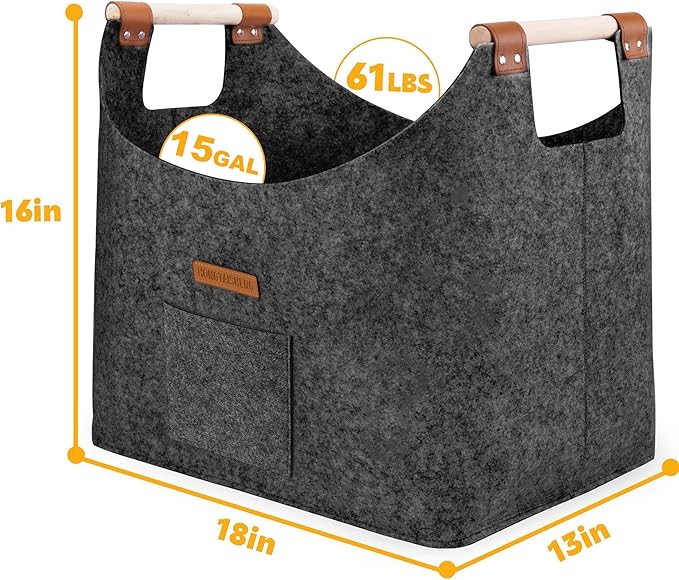 XL 4MM Felt Firewood Carrier | Log Carrier for Firewood | Wood Container with Extra Thick Felt Foldable & Reinforced Handle | Storage Basket for Shopping, Firewood, Logs, Newspaper (DARK GRAY)