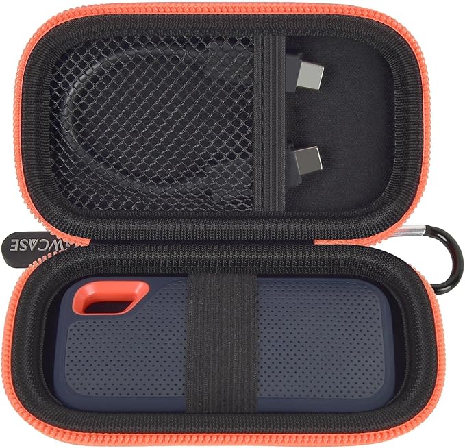 Hard Case Compatible with SanDisk 1TB 2TB 4TB 500GB 8TB Extreme Portable SSD - Up to 1050MB/s - External Solid State Drive. Carrying Travel Holder for USB Cables -Black and Orange Zipper (Bag Only)