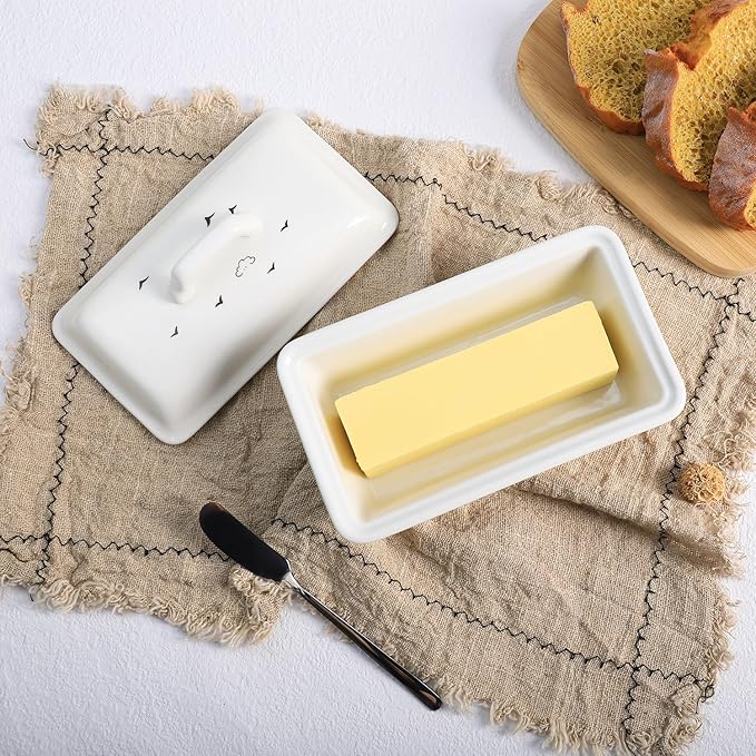 Ceramic Butter Dish with Lid Butter Keeper Butter Plate Tray for Kitchen Countertop, Farm Animals Cow Pig and Rooster Pattern Butter Crock Keeper Saver