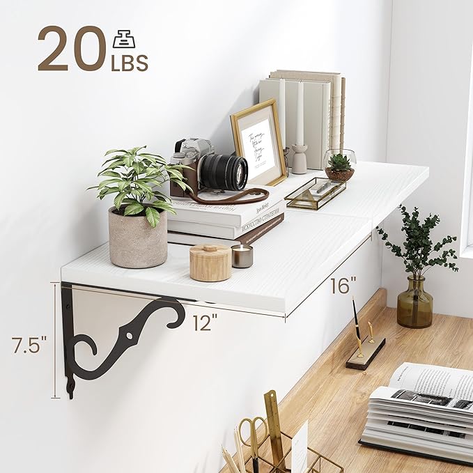 16 Inch Deep Floating Shelves for Wall, 12 Inch Deep Floating Shelf with Bracket, White Wall Shelves 16 Inches Long, Wide Display & Storage Shelves for Living Room, Bathroom, Bedroom, White, Set of 2