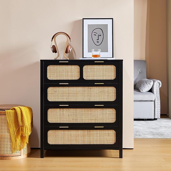 4 Drawer Dresser with Rattan Finish, Modern Farmhouse Chest of Drawers with Metal Handles, Accent Wood Storage Cabinet for Bedroom, Living Room (Black-4 Drawers)
