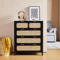 4 Drawer Dresser with Rattan Finish, Modern Farmhouse Chest of Drawers with Metal Handles, Accent Wood Storage Cabinet for Bedroom, Living Room (Black-4 Drawers)