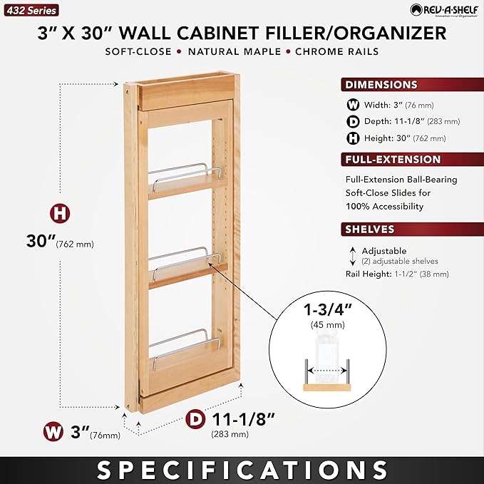 Rev-A-Shelf Kitchen Cabinet Pullout Wall Filler Wooden Organizer Slide Out Pantry Storage w/Soft-Close in Multiple Sizes, Maple Wood, 432-WFBBSC30-3C