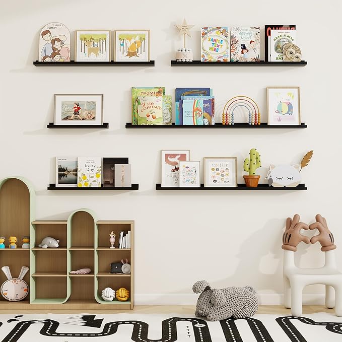 Picture Ledge Shelf, Floating Shelves Set of 2, 24 Inches Solid Wood Nursery Book Shelves for Toys Storage, Kids Bookshelf Wall Mounted for Living Room Bedroom Decor Books Photo Frames, Black