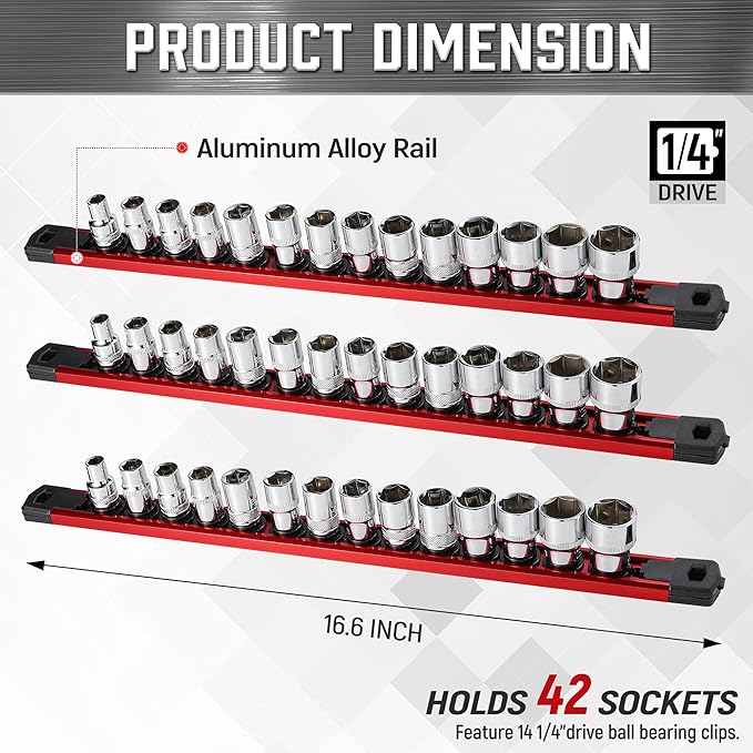 ALOANES 3-Piece Magnetic Socket Organizer, Heavy Duty Aluminum Socket Rails Organizer, 360° Swivel Clips Socket Holder Kit for Tool Box, 1/4-Inch Socket Holder x 42 Clips (Red)