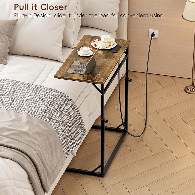 Vagusicc C Shaped End Table with Charging Station, Large C-Table End Table Adjustable Height Side Table for Couch, Couch Table Slide Under Sofa Table TV Tray Table for Sofa, Living Room, Bedroom,Brown