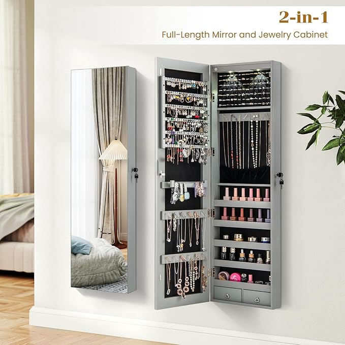 Giantex Wall or Door Mounted Jewelry Armoire with 47.5" Full Length Mirror, Lockable Cabinet with 2 LED Lights, 2 Drawers, Over the Door Large Jewelry Storage Organizer (Gray)