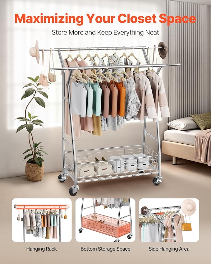 VEVOR Clothes Rack, Rolling Clothing Garment Rack, Extendable Carbon Steel Clothing Racks with Wheels for Bedroom, Laundry, Living Room