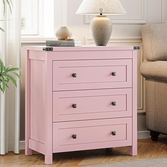 Dresser for Bedroom with 3 Drawers, Small Chests of Drawers, 27.55" Wide Farmhouse Wood Nightstand Bedside Cabinet End Table, Modern Closet Storage Organizer for Living Room, Entryway, Hallway, Pink