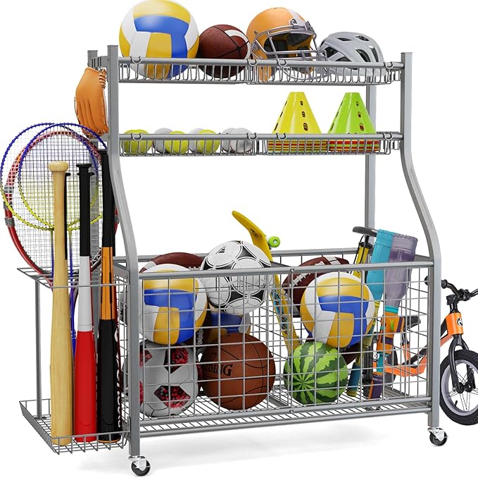 Garage Sports Equipment Organizer,Ball Storage With Four Baskets And Six Hooks,Sports Organizer For Garage,Heavy Duty Garage Organizer,Garage Storage,Garage Organization,Outdoor Toy Storage
