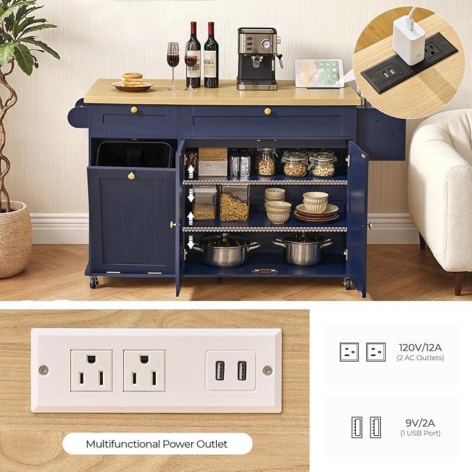 60.2" Kitchen Islands with Storage, Rolling Island Table with Trash Can Storage Cabinet, Mobile Island Cart with Drop Leaf & Power Outlet & Spice Rack & Towel Rack & Knife Holder, Blue