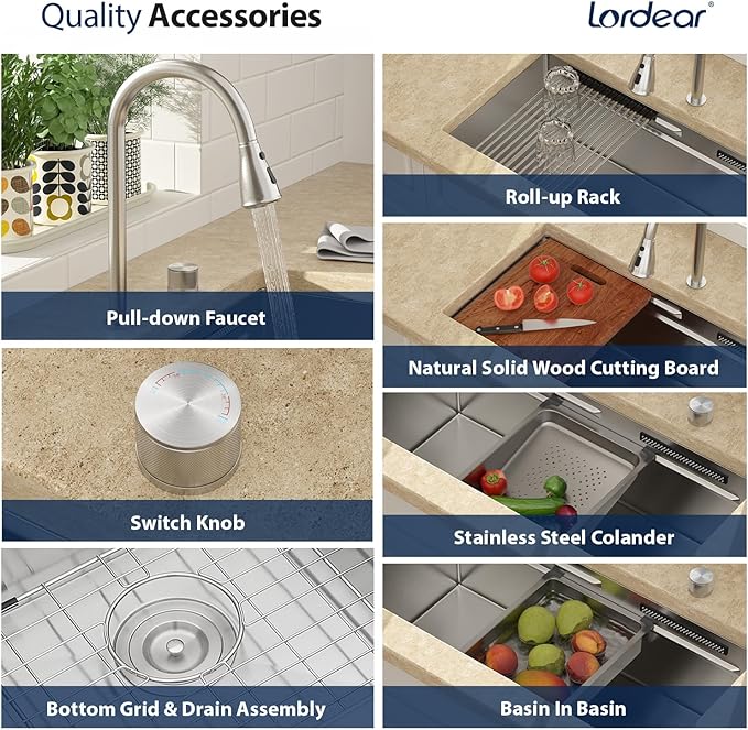 Lordear 30 Inch Undermount Waterfall Kitchen Sink - 30 Inch Undermount Kitchen Sinks Workstation 16 Gauge Single Bowl Handmade Under Counter Smart Kitchen Sink
