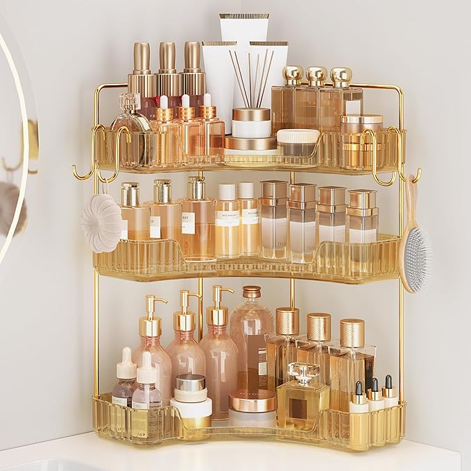 Golden 2-Tier Corner Bathroom Organizer, Countertop Storage Shelf with Hooks | Makeup & Skincare Organizer for Bathroom Sink and Vanity Counter