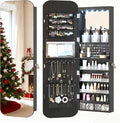 Vlsrka 47.2" LED Mirror Jewelry Cabinet, Wall/Door Mounted Full Length Mirror with Storage, Lockable Jewelry Armoire with Mirror, Rounded Corner Hanging Mirror Jewelry Organizer, Black