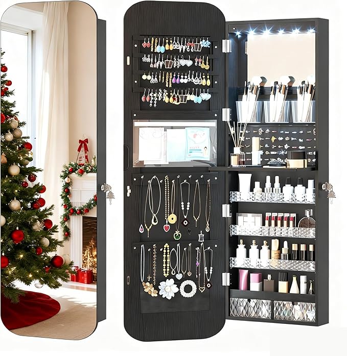 Vlsrka 47.2" LED Mirror Jewelry Cabinet, Wall/Door Mounted Full Length Mirror with Storage, Lockable Jewelry Armoire with Mirror, Rounded Corner Hanging Mirror Jewelry Organizer, Black