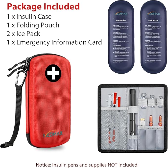 Hard Shell Insulin Cooler Travel Case with 2 Ice Pack, Shock Absorption Insulated Diabetic Medication Organizer Carrying Bag with Extra Pouch for Insulin Pen and Other Diabetic Supplies, Red