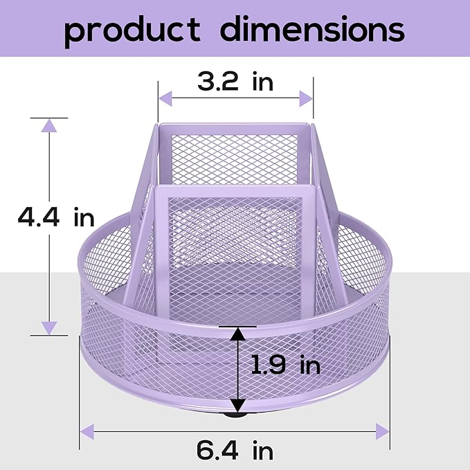 YINGHUA Metal Mesh Desk Organizer with 5 Compartments and Rotating Pencil Holder Pen and Stationery Organizer for Office Home School Anti Slip Base Purple