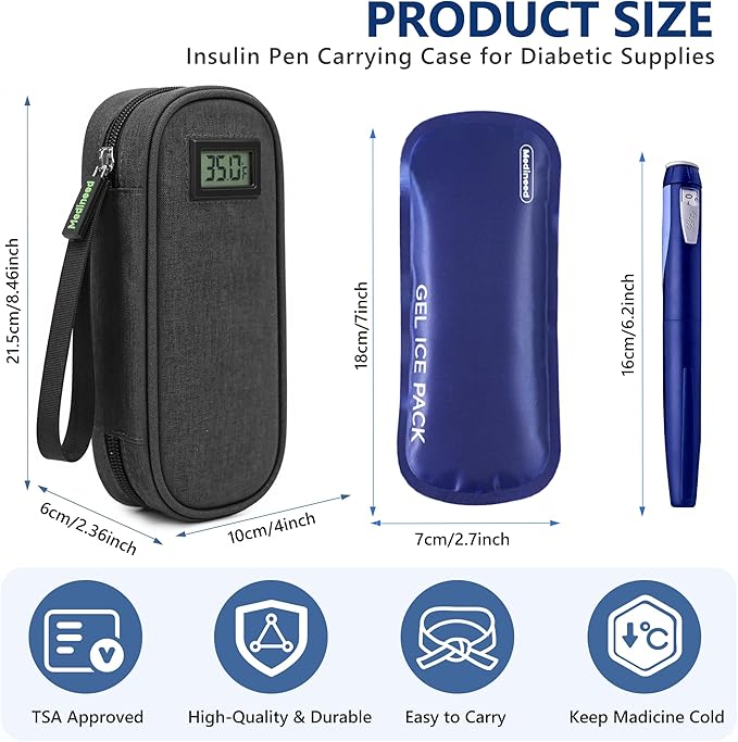 Insulin Cooler Travel Case TSA Approved with Temperature Display – Diabetic Medication Travel Case with 2 × 90g Ice Packs, Portable Medicine Organizer for 3–4 Insulin Pens and Diabetic Supplies(Black)