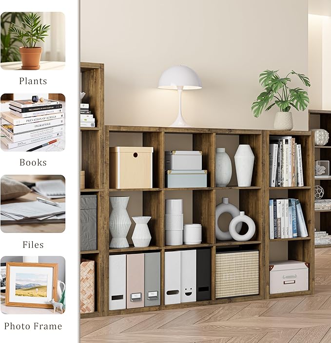 Cube Storage Organizer Bookcase, Decorative 11 inch Open Back Cubical Shelf with Thickened Border, Display Bookshelf for Living Room, Home Office, Sturdy Room (Brown, 9 Cube)