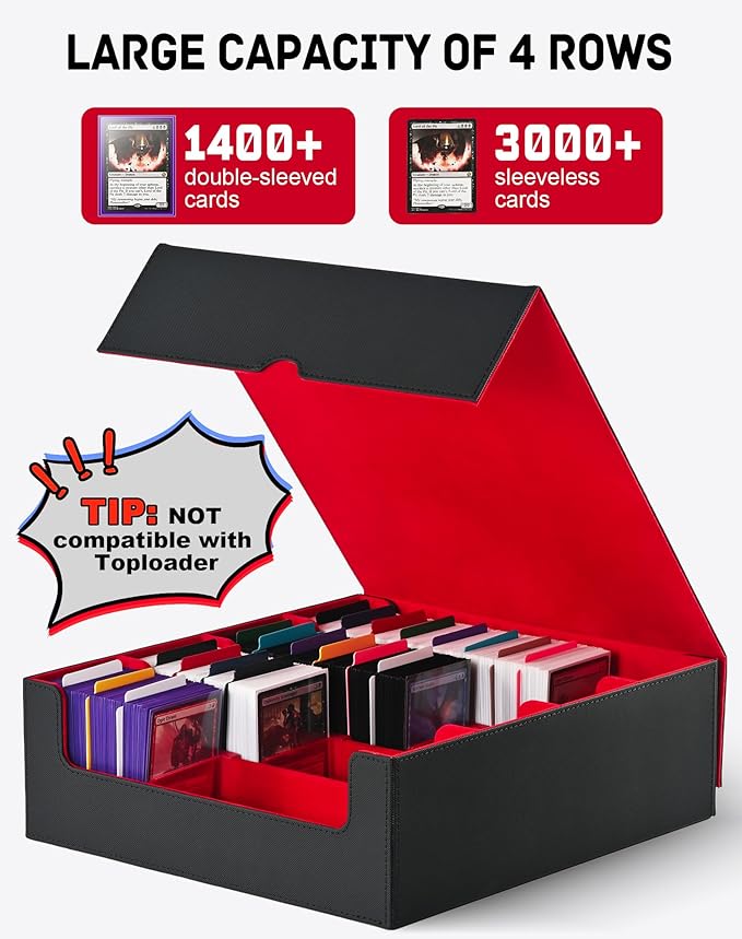 ZLCA Card Storage Box for MTG PTCG, Commander Deck Box Holds 3200+ Cards, Trading Card Storage Case with 4 Stoppers, Card Organizer for TCG Sport Cards(Black&Red)