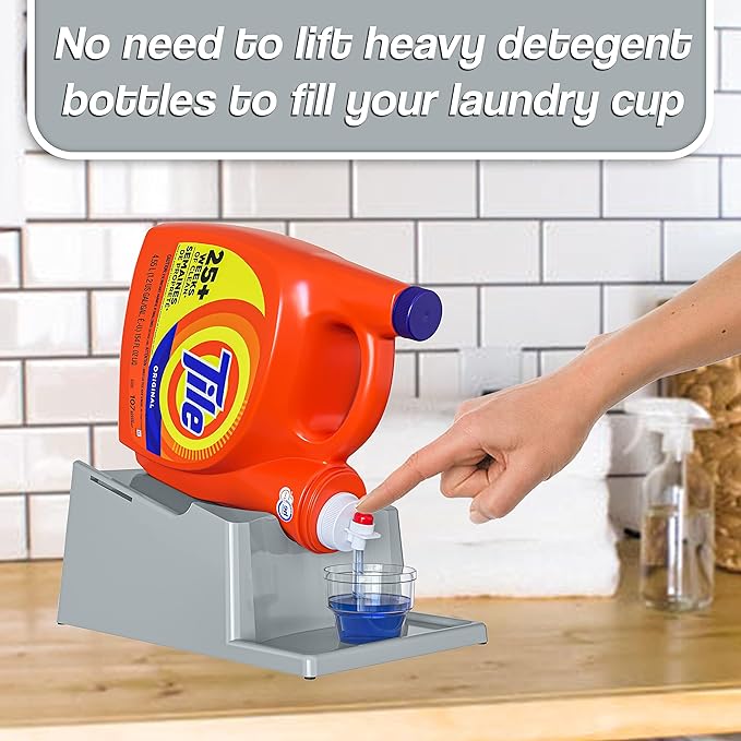 TidyFriend No-Spill Liquid Laundry Detergent Dispenser Holder, Laundry Soap Dispenser Holder with Drip Tray for Laundry Room Organization (No Strap, Grey)