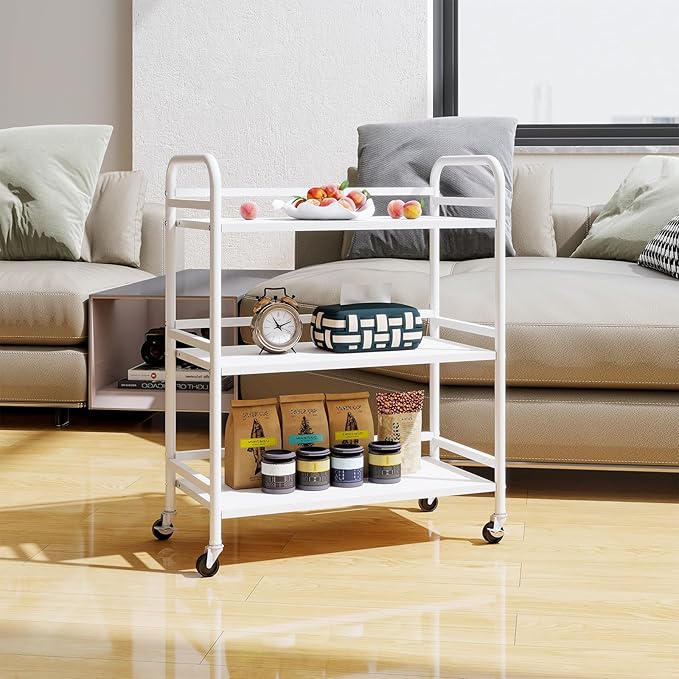 HDANI 3 Tier Metal Utility Multipurpose Rolling Cart,Large Capacity Heavy Duty Rolling Cart with 2 Lockable Wheels for Home,Office,Kitchen,Bathroom,Bedroom,White