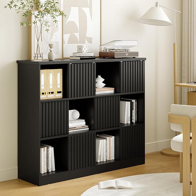 iPormis 12 Cube Bookcase with 6 Fluted Sliding Doors, 3 Tier Wooden Bookshelf, 47.2” Freestanding Cube Storage Organizer for Living Room, Office, Bedroom, Semi-Open Bookshelves, Black