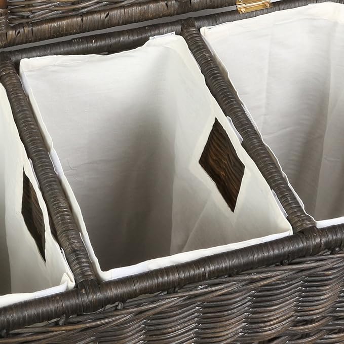 The Basket Lady 3-Compartment Wicker Laundry Sorter Hamper, 30 in L x 15 in W x 28 in H, Antique Walnut Brown