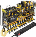 49.5" W Large Power Tool Organizer with Charging Station, 4 Layer Heavy Duty Utility Rack Loads 800lbs, Holds 8 Cordless Drills, Wall Mount Tool Shelf with 8-Outlet Power Strip, Gift for Men