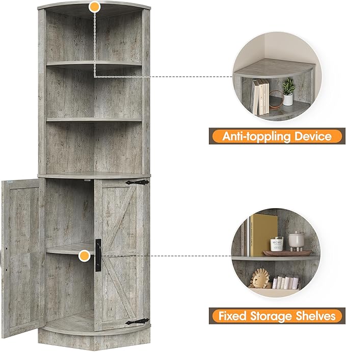 Vabches 64.8" Tall Farmhouse Corner Cabinet, Corner Shelf with 2 Barn Doors & Storage Shelves, Home Space Saver with Storage for Bathroom, Living Room, Entryway, Kitchen, Washed Grey