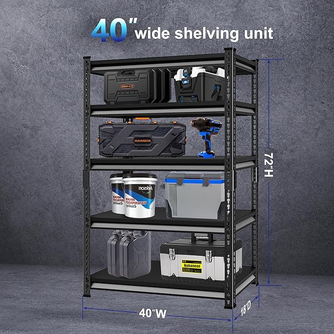 Heavy Duty Garage Shelves - 40''W 2,200Lbs Steel Metal Adjustable Utility Industrial Storage Shelving Rack Units for Warehouse Basement 5 Tier Black 39.3" W x 17.7" D x 78" H