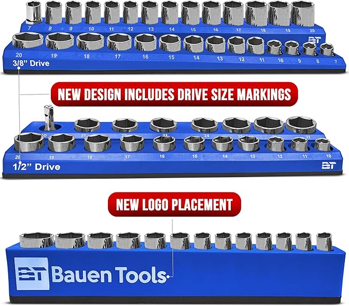 Magnetic Socket Organizer Set -3 Piece Metric Magnetic Socket Holder Set Blue - 1/2-inch, 3/8-inch & 1/4-inch Drive, Holds 75 Sockets, Professional Grade Socket Tray Organizer. NEW VERSION