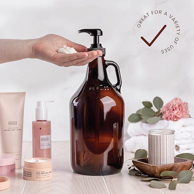 Half Gallon Glass Pump Dispenser Bottle, Large Jug with Pump for Laundry Soap Dispenser, Liquid Detergent, Fabric Softener, Syrup Pump - 64 oz Capacity - Amber Bottle- Pack of 2, by Kitchentoolz