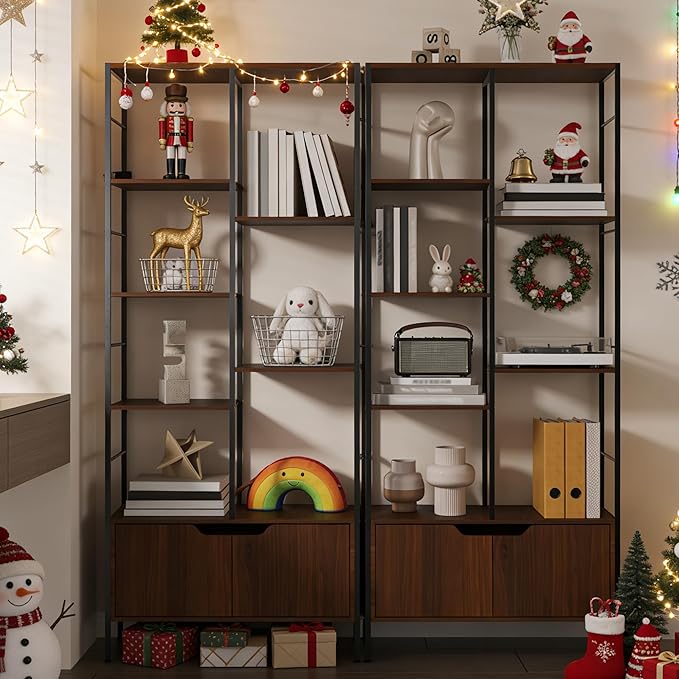 Bookshelf with Doors, 6-Tier Shelf with Storage Cabinet, 67" Tall Open Bookcase for Display, Industrial Retro Bookcase, Freestanding Storage Organizer Bookshelf for Living Room, Brown