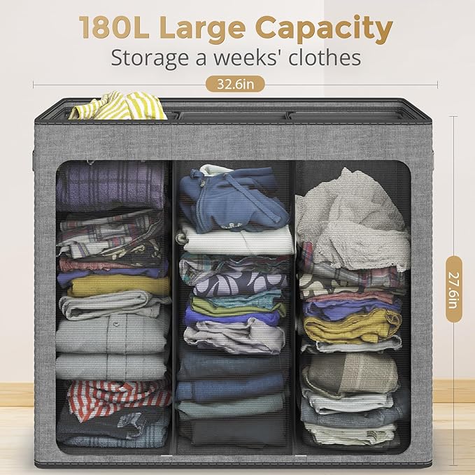 180L Laundry Hamper 3 Section, Large Laundry Basket with Lid, Laundry Basket Organizer with Handles, Grey Divided Laundry Baskets, Clothes Hampers for Laundry, Bedroom, Bathroom