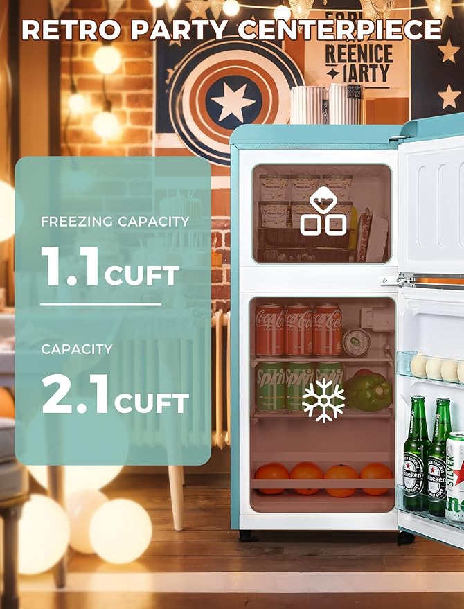 3.2 Cu.Ft Refrigerator, Retro Double Door Fridge with Freezer, 7 Adjustable Temperature Settings, Removable Glass Shelves for Dorm, Office, Bedroom, Apartment, Blue