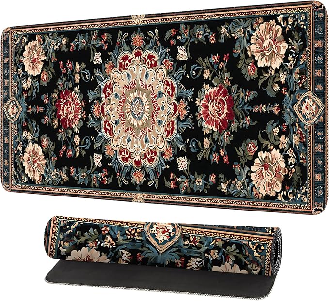 Vintage Persian Carpet Mouse Pad – Large Extended Desk Mat 31.5 x 11.8 in – Oriental Floral Rug Design, Non-Slip Rubber Base, Stitched Edges, Soft Keyboard & Mouse Mat for Office or Gaming