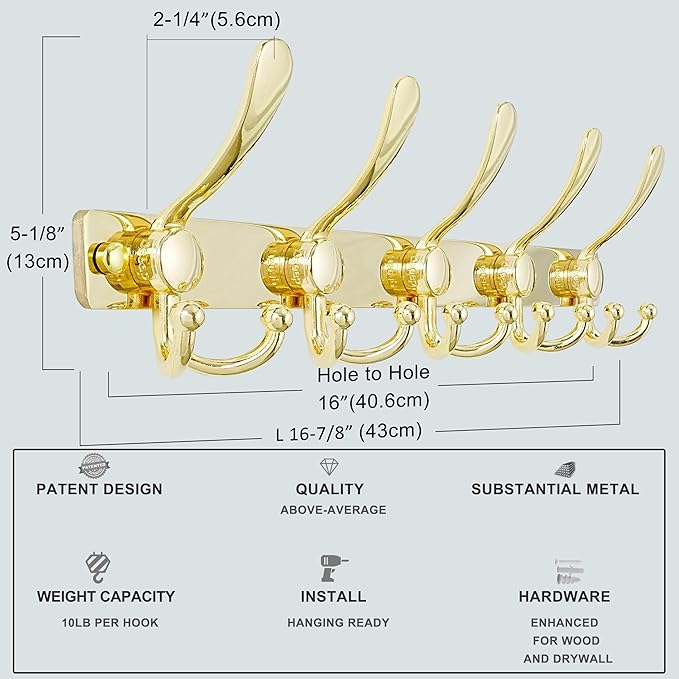 Dseap Coat Rack Wall Mount 2.0 Pro: Heavy Duty 300% Thicker, 16" Stud Mount, Stainless Steel Wall Coat Hooks Hanger for Clothes Jackets Hats Entryway Closet, MaxStrong Series, Gold, Pack of 2