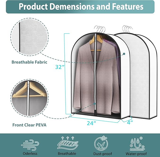 32” Garment Bags for Hanging Clothes 4” Gusseted - with Clear Window, Breathable Fabric, Metal Zipper, Suit Coat Fur Protector for Closet storage, clothes Season Off, Moving, 5 Pack
