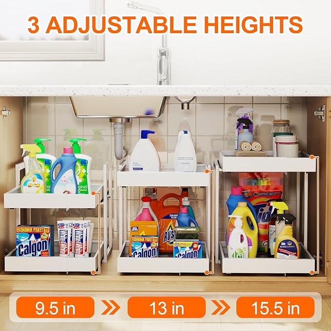 Golener 2-Tier Expandable Pull Out Cabinet Organizer - Slide Out Drawers for Kitchen Cabinets, Bathroom Organizers and Storage, Under Sink Organizer for Kitchen Storage Organization, White Metal Frame