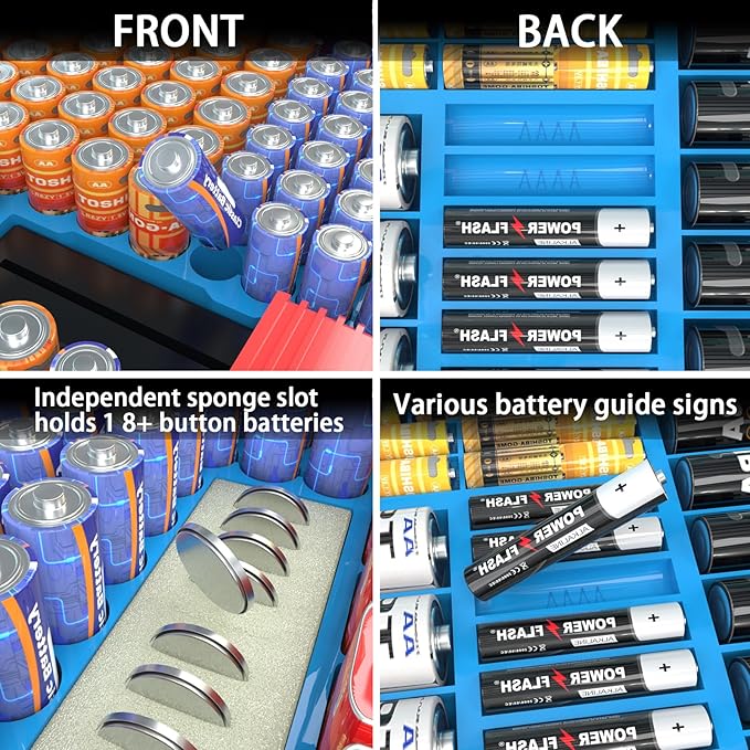 ALCYON Large Capacity 269 Battery Organizer Storage Case with Tester, Double-Side Battery Holder Container for AA AAA AAAA C D 9V Lithium 3V CR123 CR1632 18650 Batteries(Box Only) (Blue)
