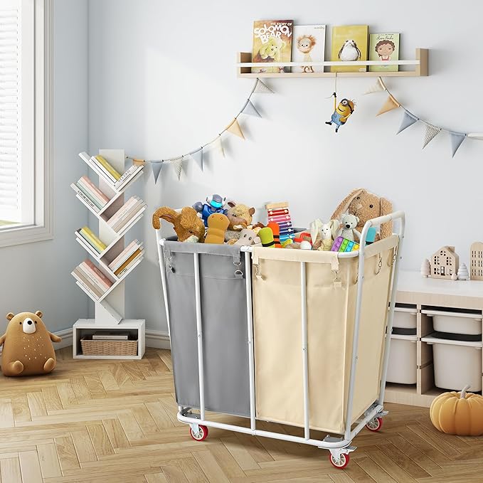 Hoctieon 2 Section Laundry Sorter Cart, 400L Rolling Hamper with Wheels, Industrial Laundry Basket Organizer, Extra Large Dirty Clothes Hamper for Home & Hotel, Heavy Duty, Gray+Beige