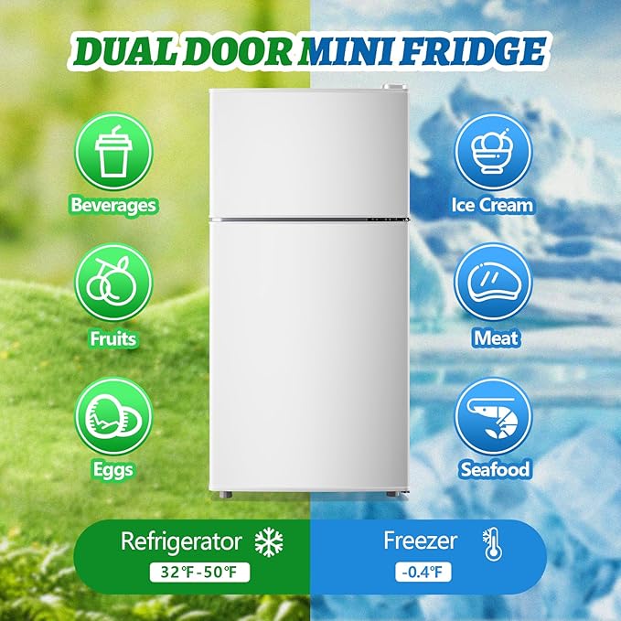 2.4 Cu.ft Mini Fridge with Top Freezer Apartment Size Dual Door Compact Refrigerator for Personal Use Small Fridge with Egg tray, 7 Temperature Control For Dorm, White