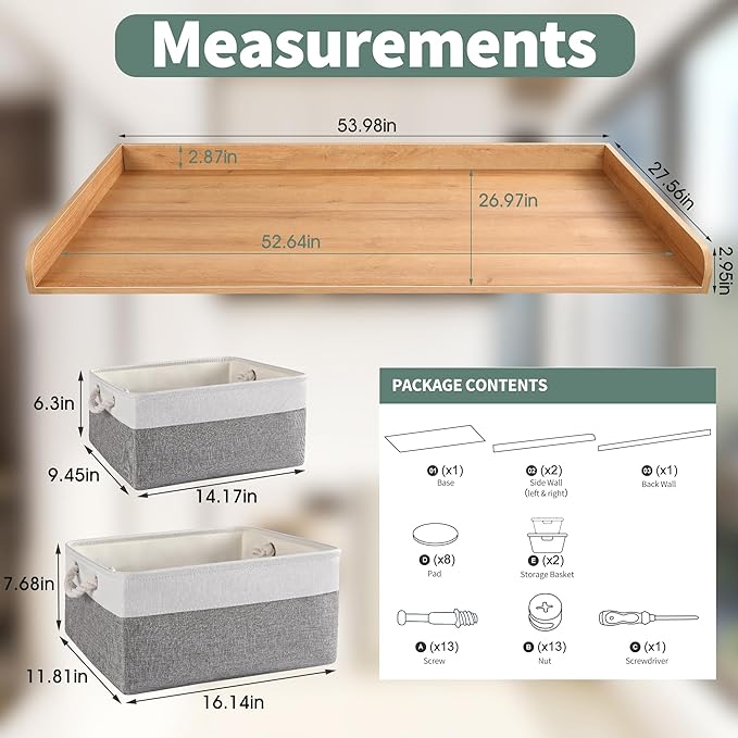 Washer Dryer Countertop with 2 Pack Storage Baskets, Wood Washer and Dryer Countertop with Non-Slip Pads/Edge Rails for Laundry Room Storage and Organization, 27.5" W x 54" L(Dark Woodcolor)