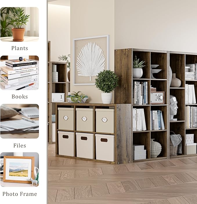 Cube Storage Organizer Bookcase, Decorative 11 inch Open Back Cubical Shelf with Thickened Border, Display Bookshelf for Living Room, Home Office, Sturdy Room (Brown, 6 Cube)