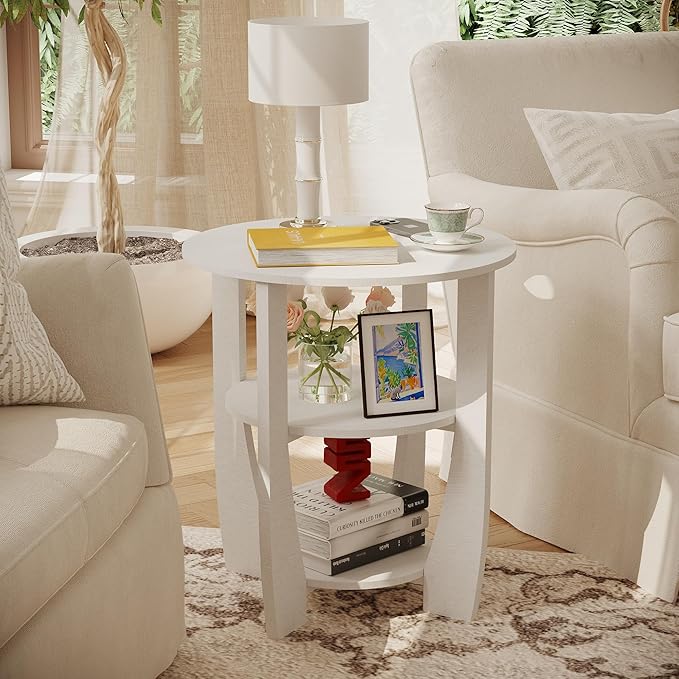 White Round Side Table, 3-Tier End Table with Storage Shelves, Modern Farmhouse Nightstand for Bedroom, Living Room, Nursery & Small Spaces,19.7" D x 21.7" H